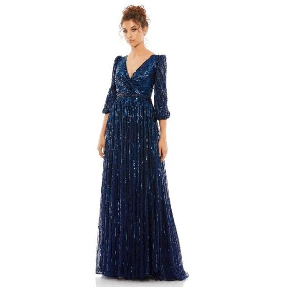 Mac Duggal NWT Size 18 midnight blue SEQUINED WRAP OVER 3/4 SLEEVE GOWN style 55